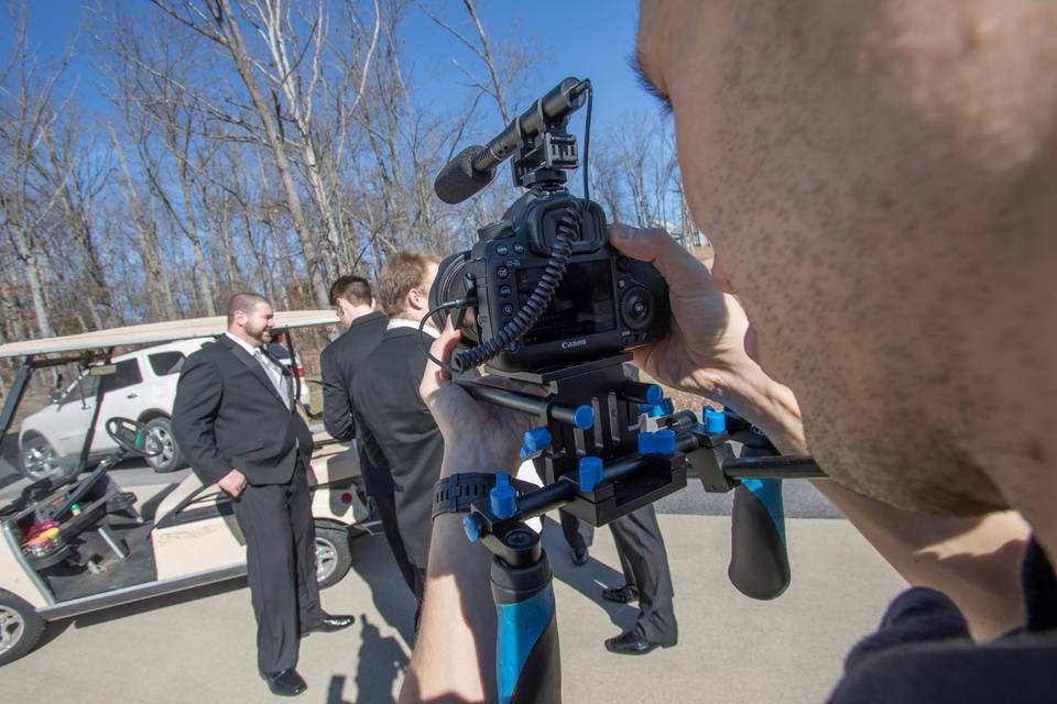 Shooters perspective. Getting B-Roll shots of groom and groomsmen.