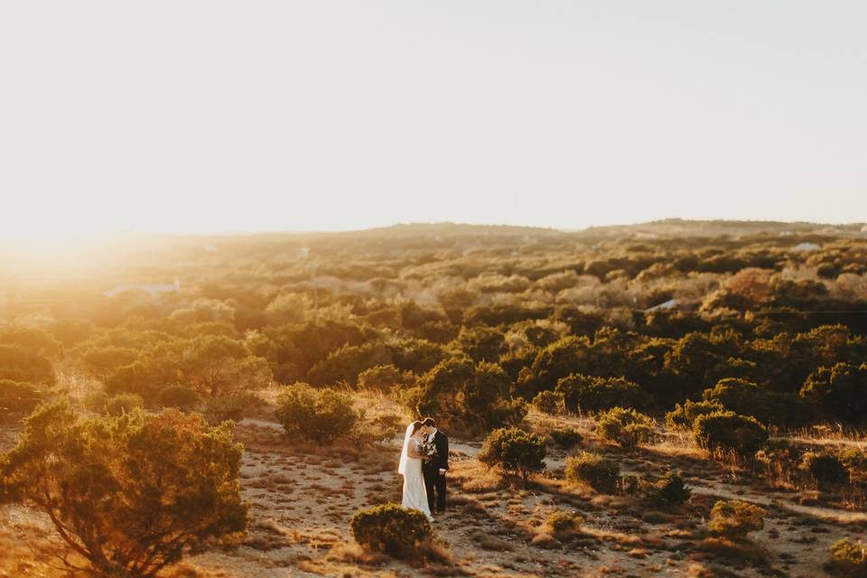 Sunset with bride and groom