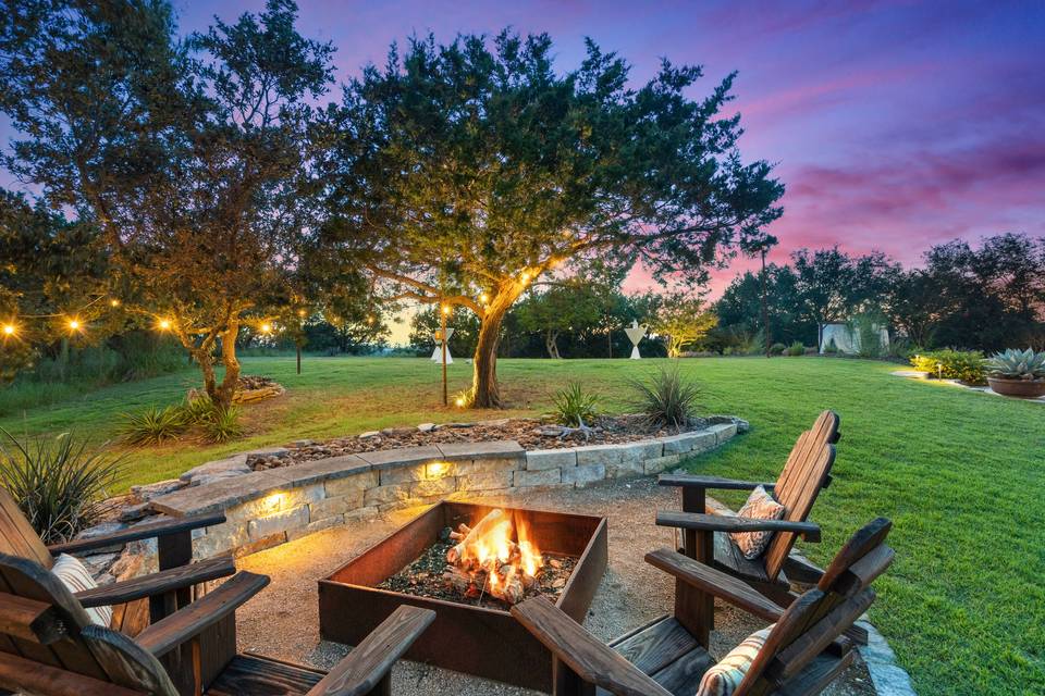 Fire pit with festoon lights