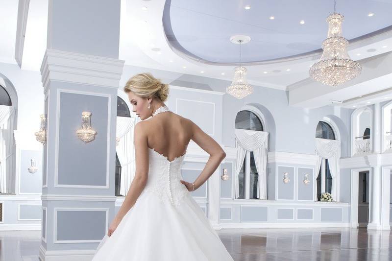 Style-Back 6300
This tulle and beaded lace A-line gown has an illusion Sabrina neckline and chapel length train. Satin buttons enclose the illusion back neckline and zipper.