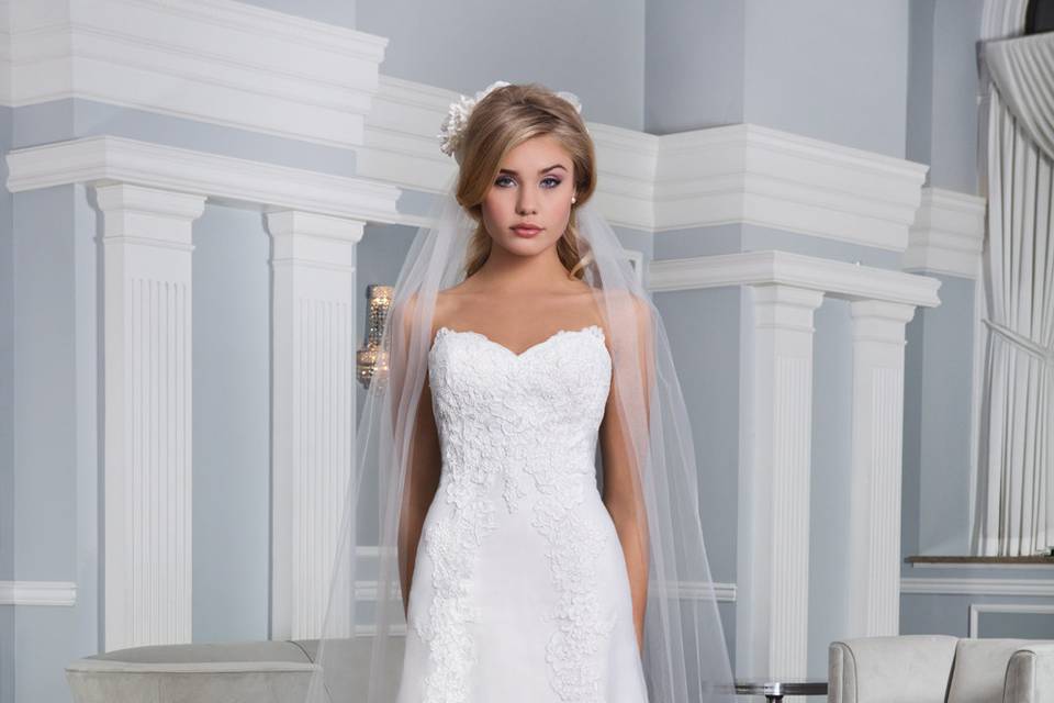 Lillian West
6335
Silver lurex embroidered lace with beading over tulle slim A-line gown. The gown features a soft sweetheart neckline and a pleated regal satin cummerbund at the natural waist. The back is finished with satin covered buttons over the back zipper and a chapel length train.