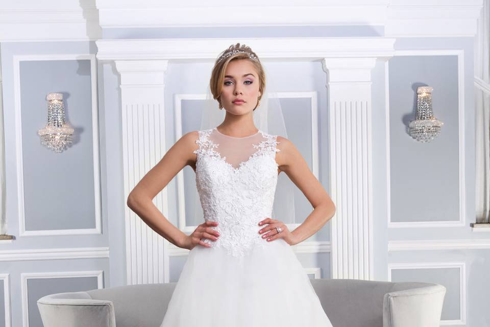 Lillian West
6329
Beaded Soutache lace fit and flare sleeveless gown with jewel neckline and an open illusion back. The gown is finished by a side zipper and a chapel length train.