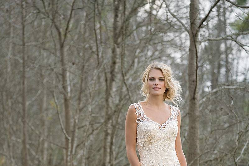 6456	<br>	This gown possesses all the allure of a strapless silhouette with the comfort and support of illusion straps. An illusion jewel neckline, beaded lace appliques, low illusion back, and chapel length train complete the gown.