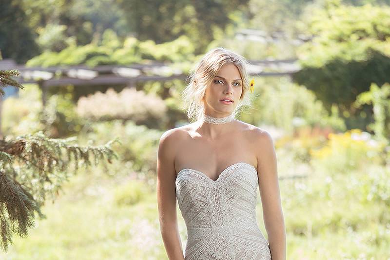 Style 6492	<br>	Geometric Hand-Placed Lace Fit and Flare with Sweetheart Neckline