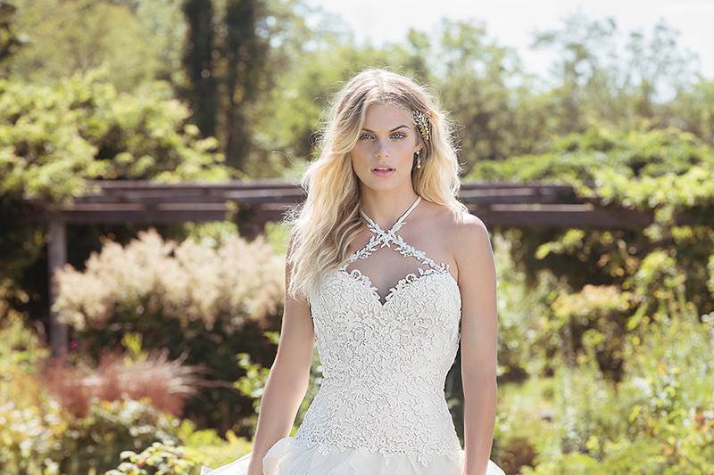 Style 6502	<br>	Venice Lace Dress with Jewel Halter Neckline and Tulle Ruffled Skirt