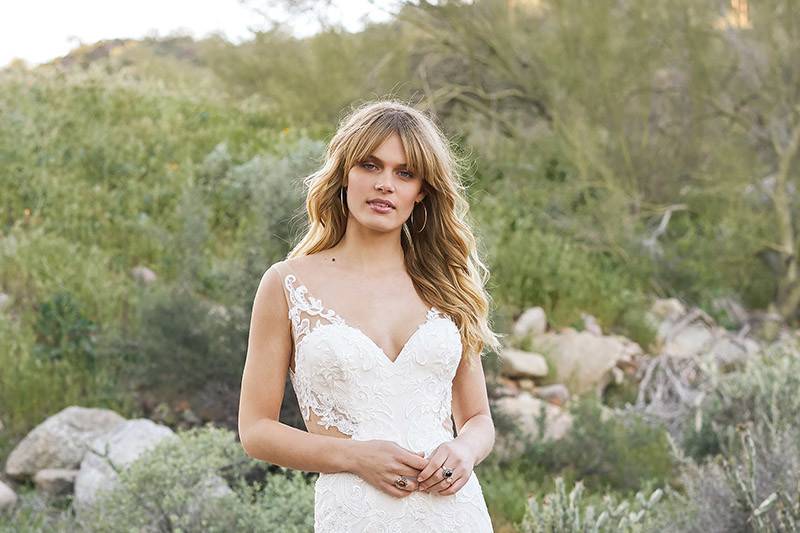 Lillian West	6521	<br>	The unique hand placed embroidered lace on this fit and flare gown creates a romantic feeling. Illusion straps and floating lace to the illusion back compliment the soft cut outs at the waist for a sexy finishing touch.