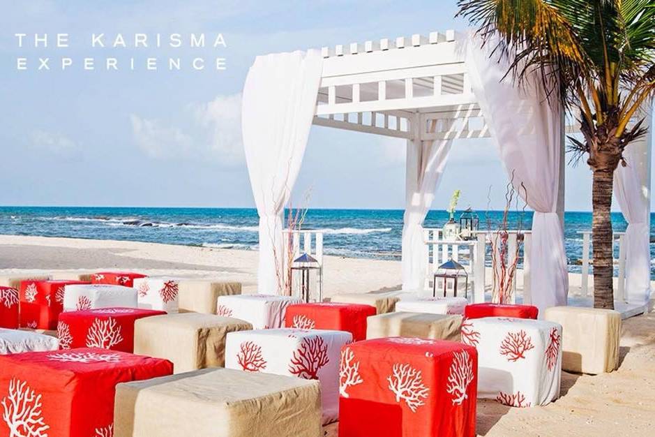 Red and white themed beach wedding