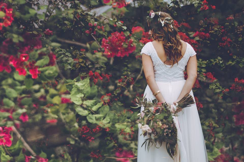 The bride by the flowers