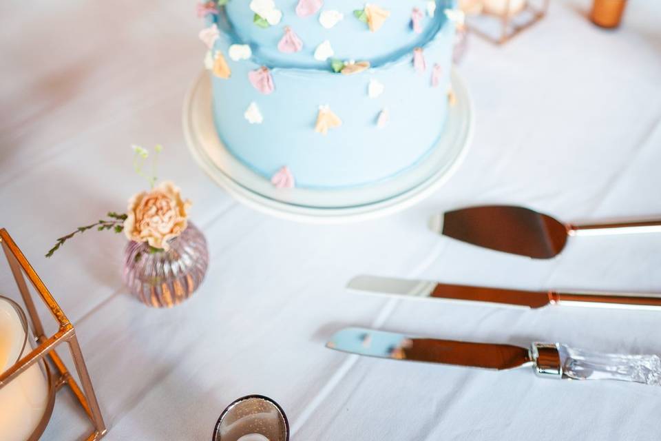 Blue cascading flower cake