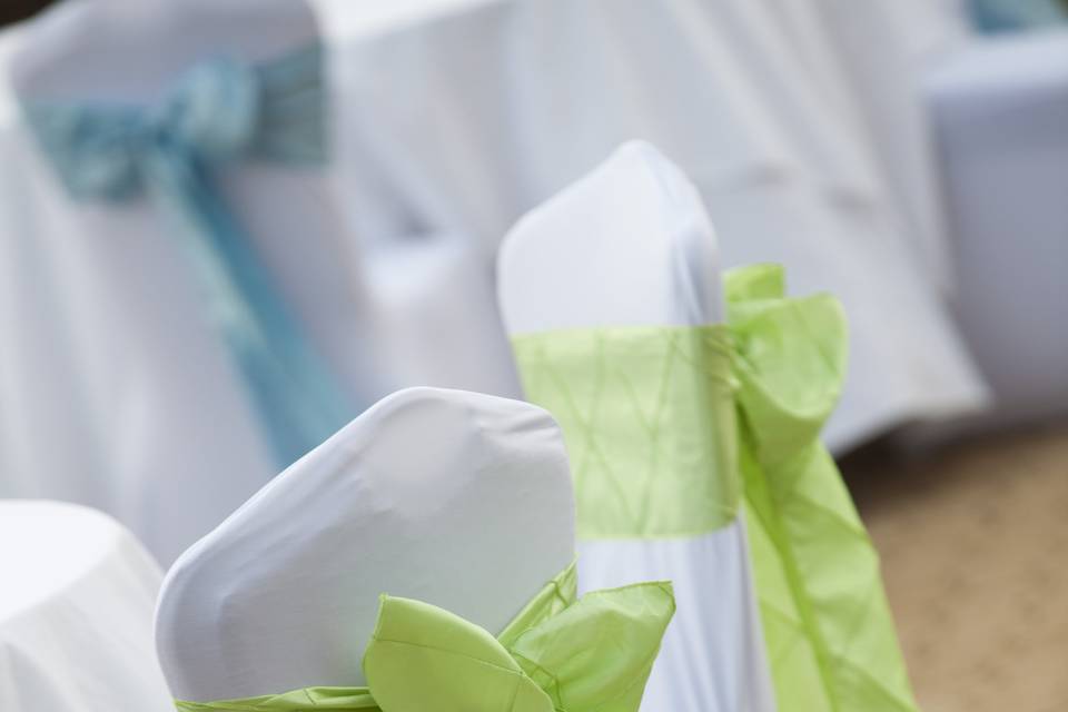 Sage Pintuck Sashes on White Spandex Chair Covers