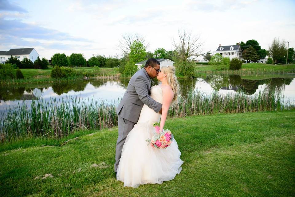 Newlyweds kissing