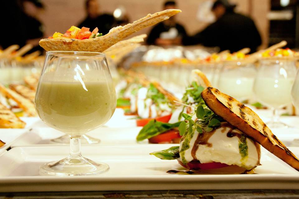 Green Grape Gazpacho with an Edible Cracker and Fresh Confetti of Vegetables and Burrata Caprese with Grilled Crostini