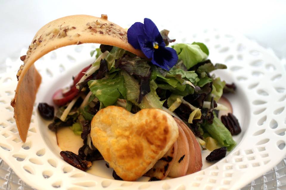 Summer Peach Salad with a Warm Brie Heart Shaped Profiterole