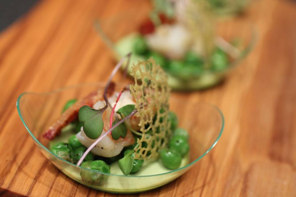 Sweet Pea Panna Cotta with Bacon and Shrimp