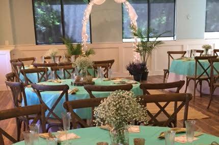 Tables covered in turquoise cloth