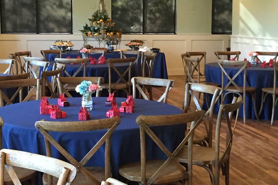 Tables covered in blue cloth