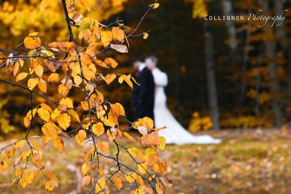 Bride and Groom Strolling in the Fall