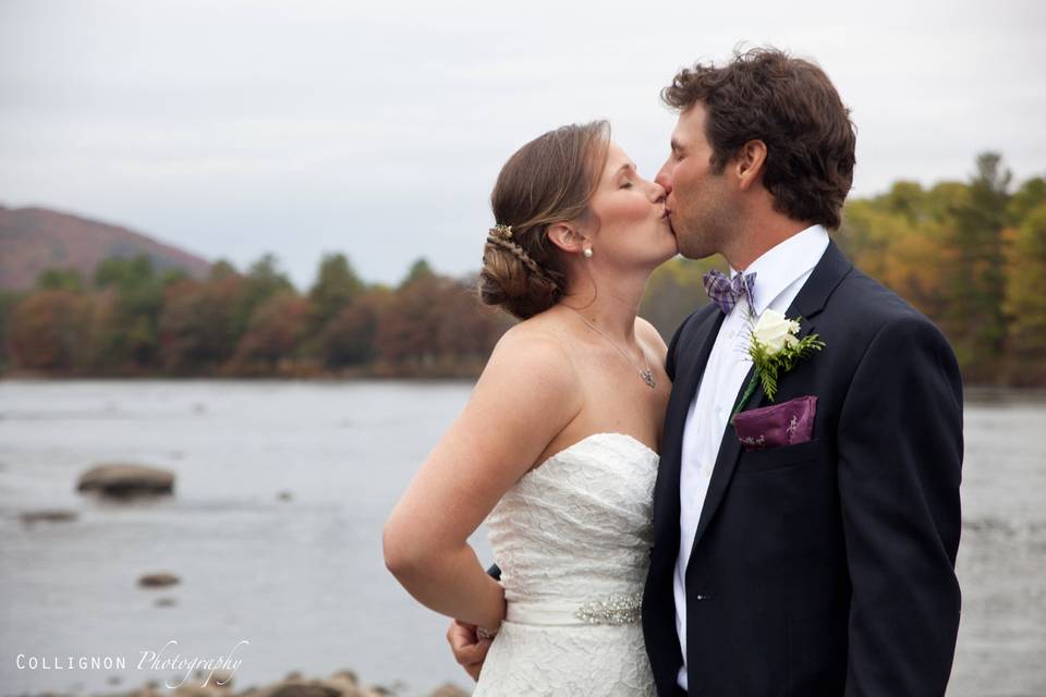Bride and Groom Kissing on the Hudson River