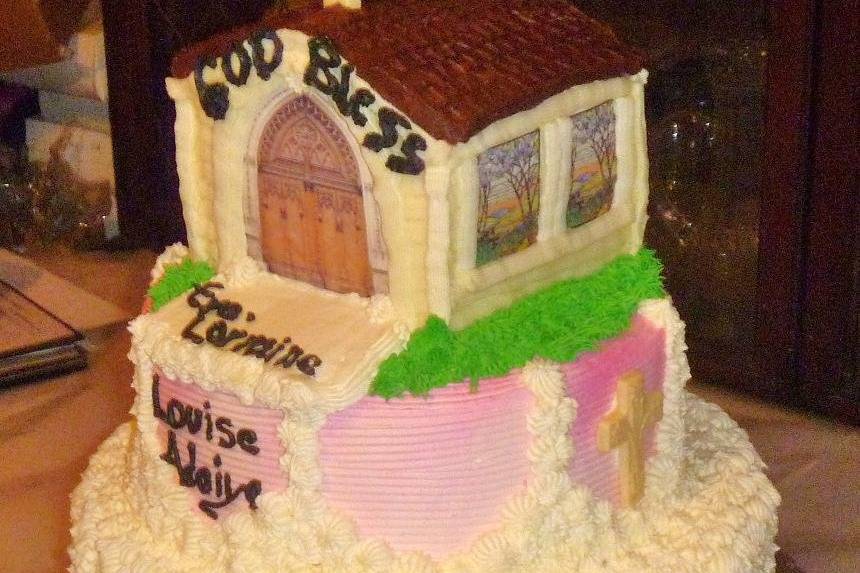 CHRISTENING CAKE by PATRICE LORIE CAKES
HOLLIS QUEENS ,N.Y.  718 740-6348 TO ORDER