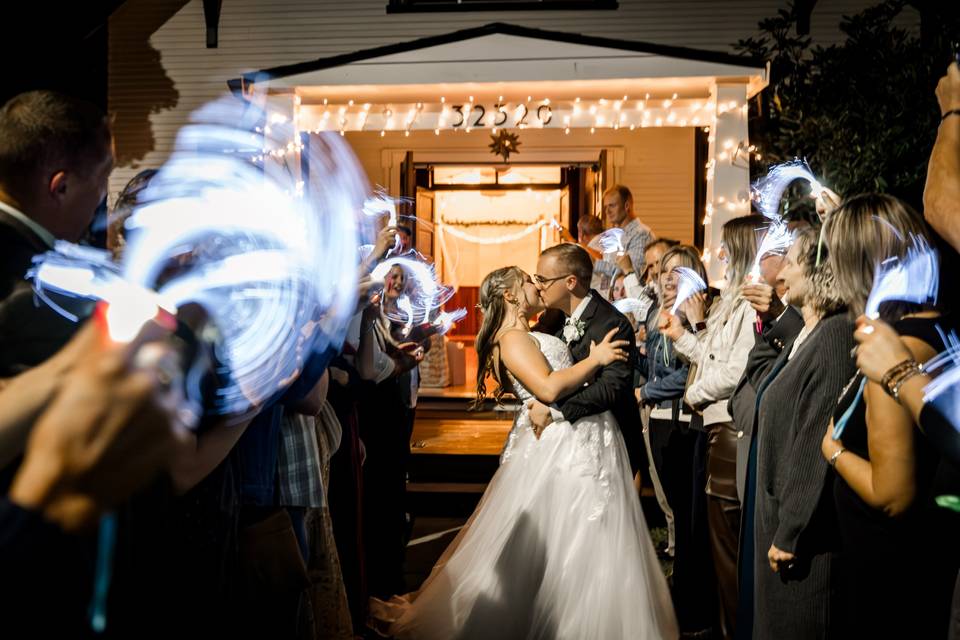 Fairy Light Exit Wedding Kiss