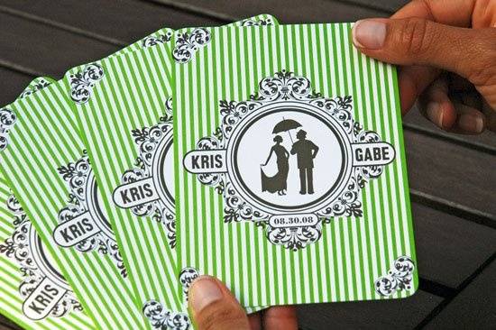 Gabe and Kris are getting married in Providence, Rhode Island in August 2008 at a Victorian era casino. Their invitation structure references a deck of cards, while the imagery invokes deco-glamour.
