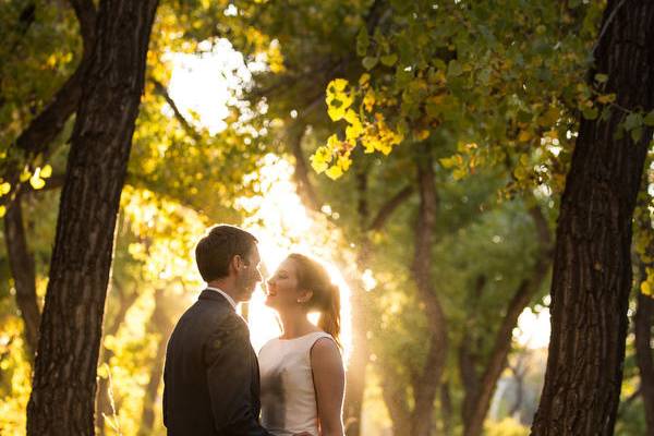 Couple standing under trees and sunlight