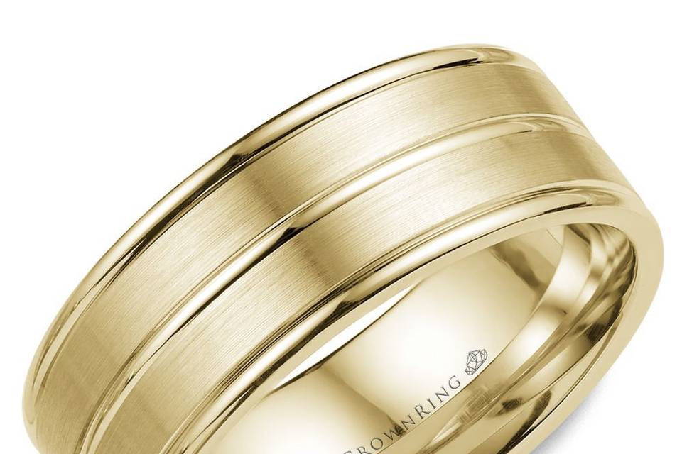 WB-9901YA stylish yellow gold men's wedding band with brushed center will become a symbol of your unbreakable bond.METAL: YellowWIDTH: 8mmOther Availability: This ring is available in 10K, 14K, 18K (White, Yellow & Rose gold), Platinum & Palladium.