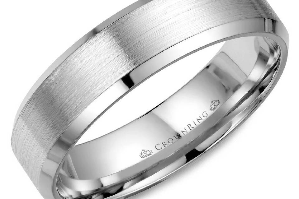 WB-7007This sleek men's white gold wedding band with a brushed center is inspired by your love and created by ours.METAL: WhiteWIDTH: 6mmOther Availability: This ring is available in 10K, 14K, 18K (White, Yellow & Rose gold), Platinum & Palladium.