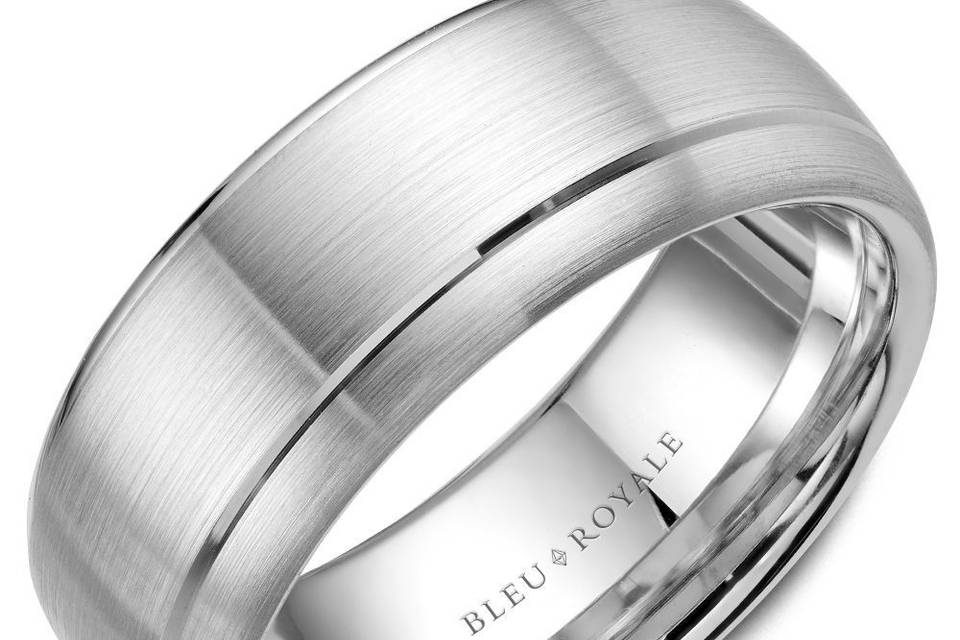 RYL-003W85A Bleu Royale white gold wedding band with a brushed finish and line detailing.METAL: WhiteWIDTH: 8.5mm