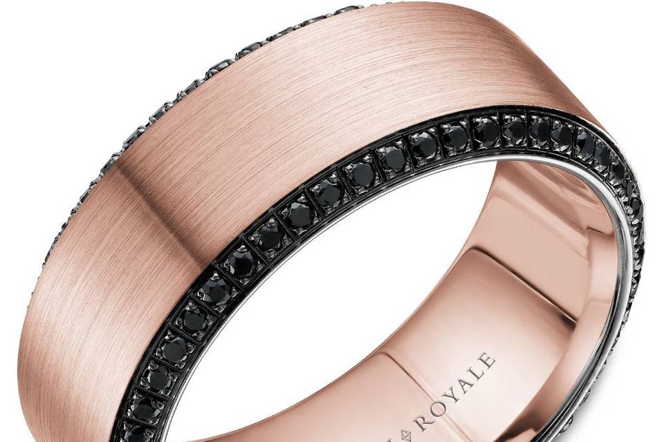 RYL-067RBD9A brushed rose gold wedding band with 96 round black diamonds and black rhodium accents.METAL: RoseWIDTH: 9mmStone Type: DiamondStone Shape: RoundNumber of stones: 96Clarity: Black Diamond BlackTotal carat Weight: 0.65ct