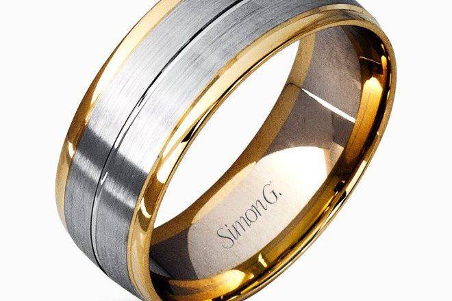 SIMON GLG103This memorable two-tone men’s wedding band features double columns of matte white gold outlined with a sleek outline of yellow gold.