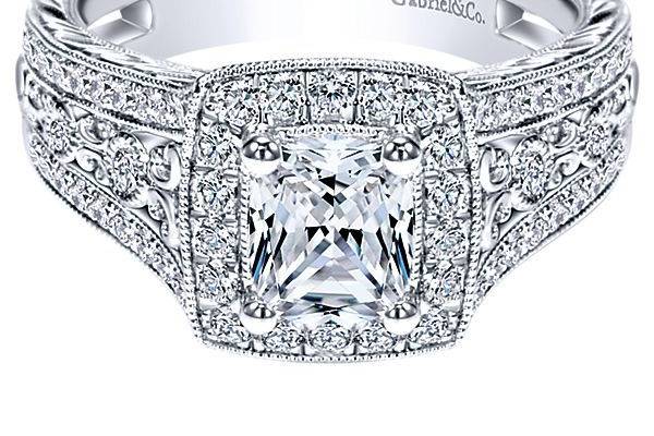 GABRIEL & COCASTLETONVictorian styled engagement ring with intricate detailing on it's band creates an all the around shine and sparkle.