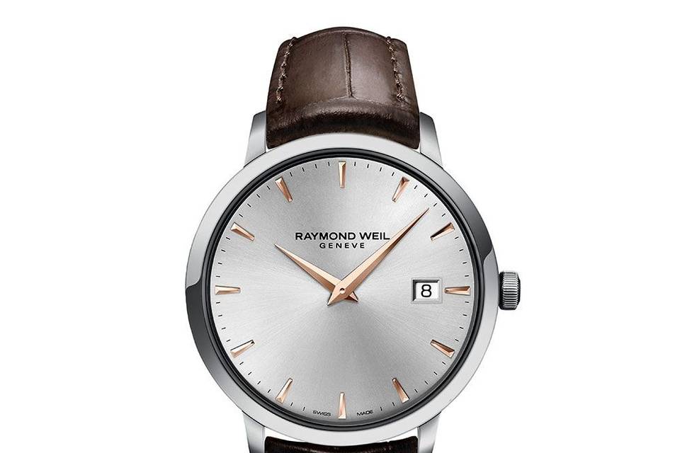 RAYMOND WEILTOCCATA5488-SL5-65001Men's Quartz Watch, 39 mmSteel on leather strap, silver dial, rose gold PVD plated indexes