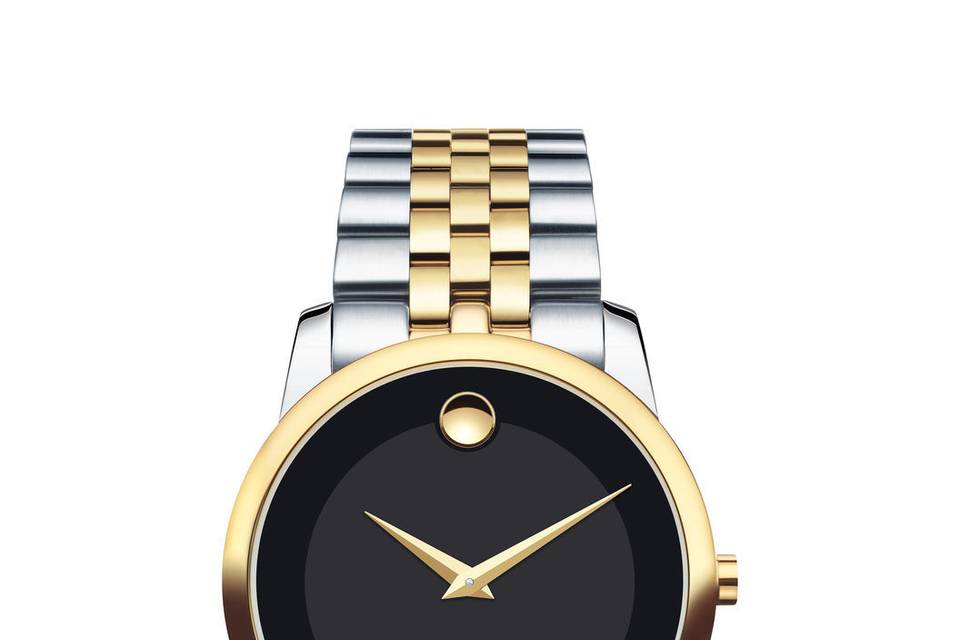 MOVADOMUSEUM CLASSICMen's Museum Classic watch, 40 mm stainless steel and yellow gold PVD-finished case, black Museum dial with tone-on-tone outer ring and yellow gold-toned dot and hands, stainless steel and yellow gold PVD-finished link bracelet with deployment clasp.
