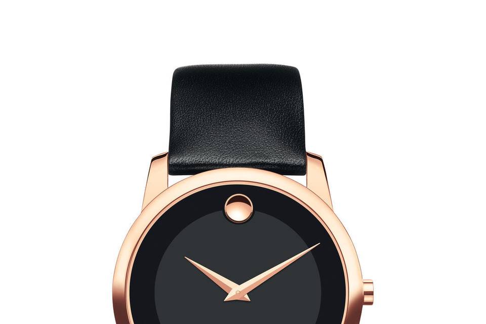 MOVADOMUSEUM CLASSICMen's Museum Classic watch, 40 mm rose gold PVD-finished stainless steel case, black Museum dial with tone-on-tone outer ring and rose gold-toned dot and hands, black calfskin strap with rose gold PVD-finished stainless steel buckle.
