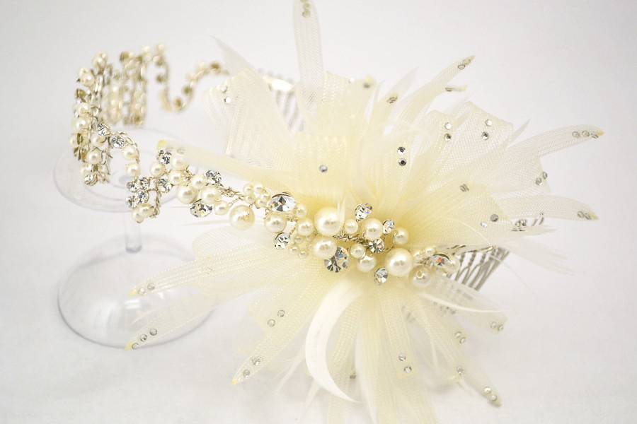 Inspired by 1920's flapper headpieces, this gorgeous headband can be worn over the hair or across the forehead. Tiny, luminous pearls and rhinestones combine into a burst of sweet tulle bouquets to complete your vintage wedding day look.