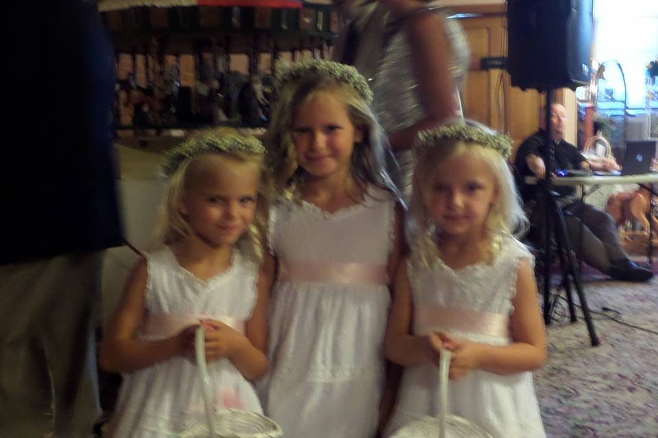 Flower girls at a summer wedding in a museum.