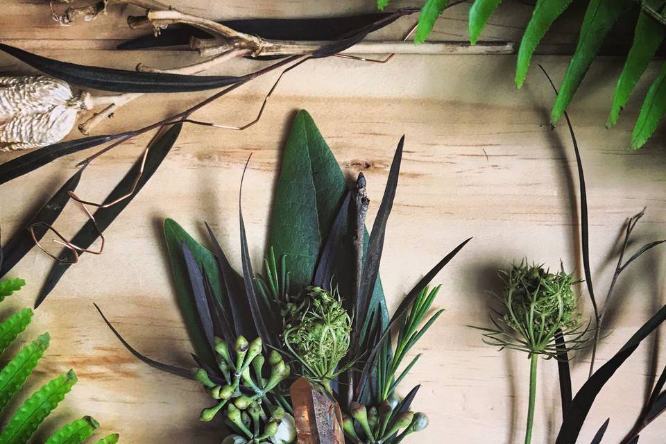 Forest boutonnière with tangerine quartz and copper wire