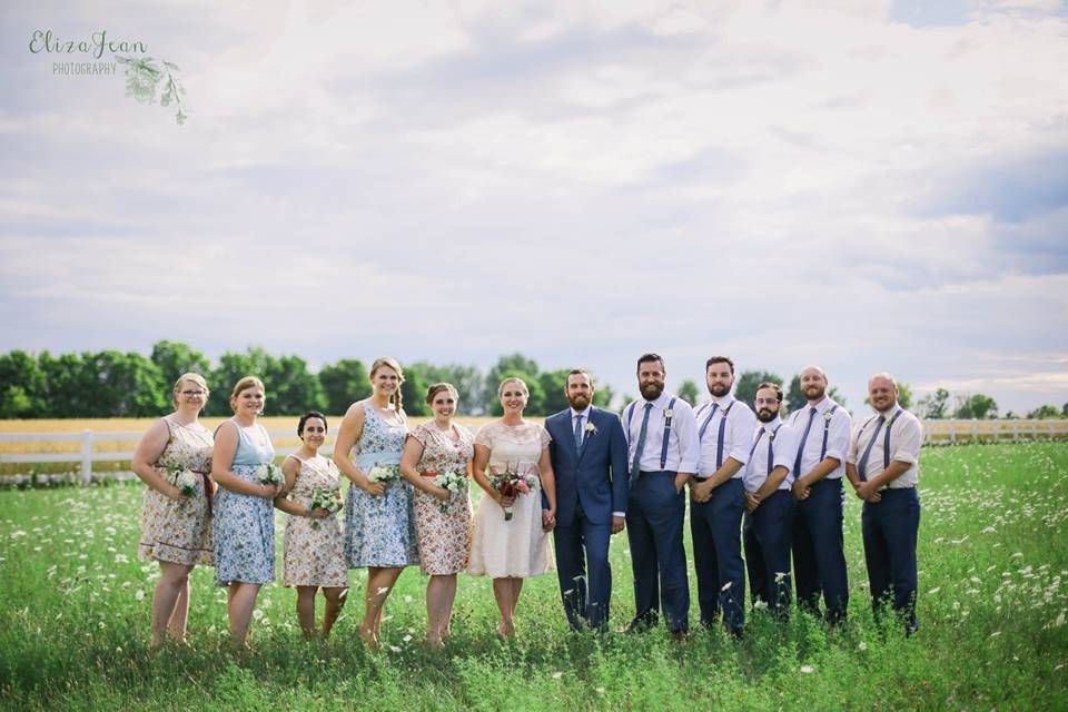 The couple with the bridesmaids and groomsmen