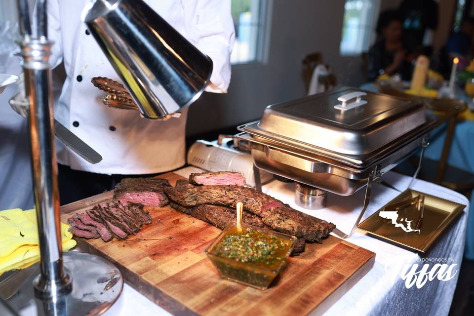 Freshly carved steak served wi
