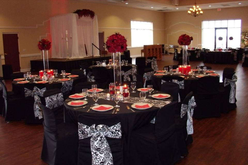 Red and black themed reception