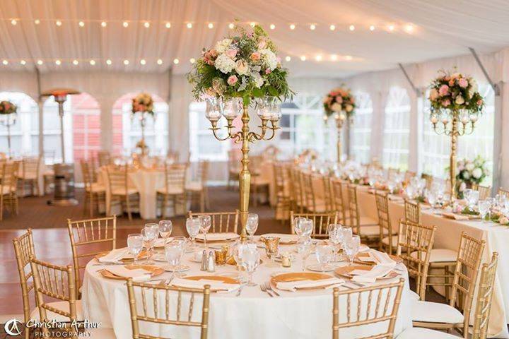 Reception table setting and floral centerpiece