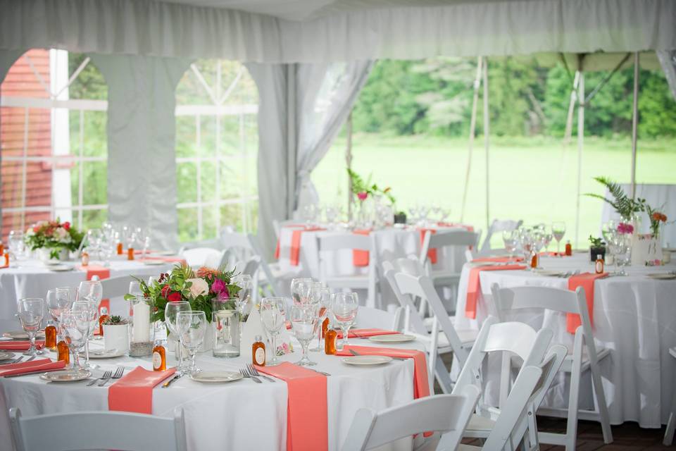 Reception tables and salmon decor