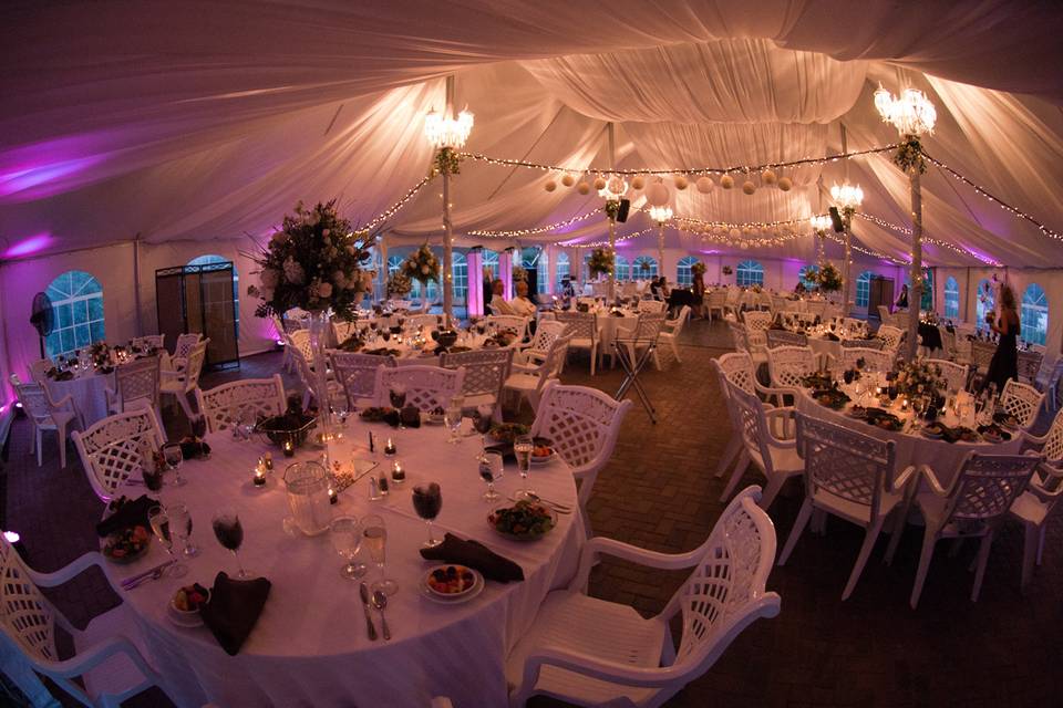 Reception tent lighting and decor