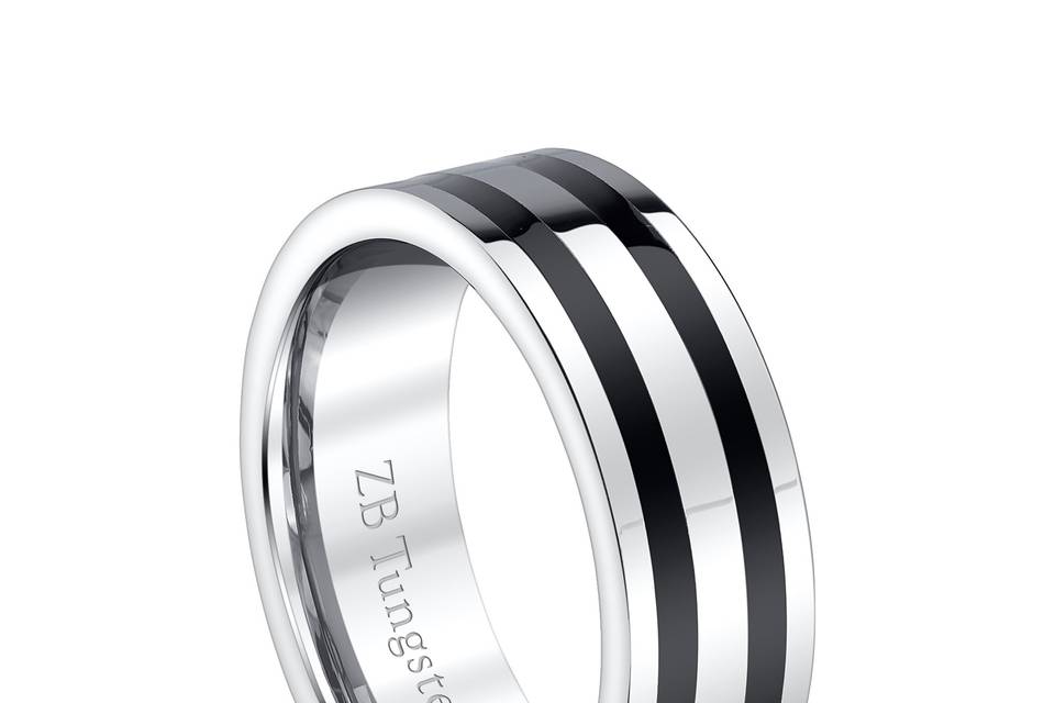 8mm - Bold design with two black lines running through the center of a ring that is highly polished.  Comfort fit