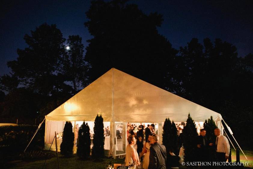 Outdoor reception area at night