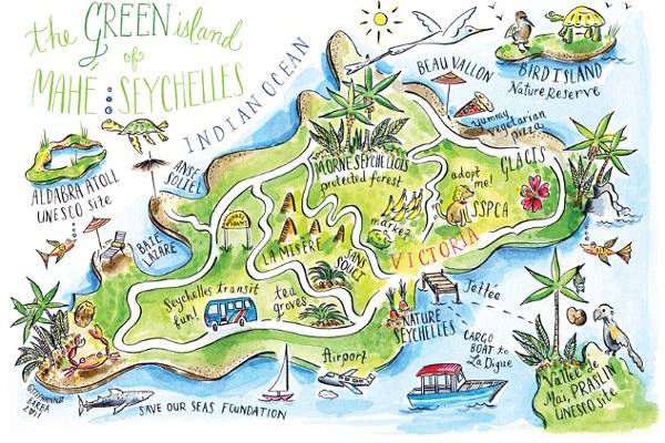 Illustrated map of Mahe, Seychelles.