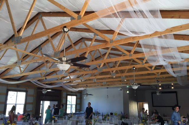 Barn interior, thule in rafters with sparkling lights.