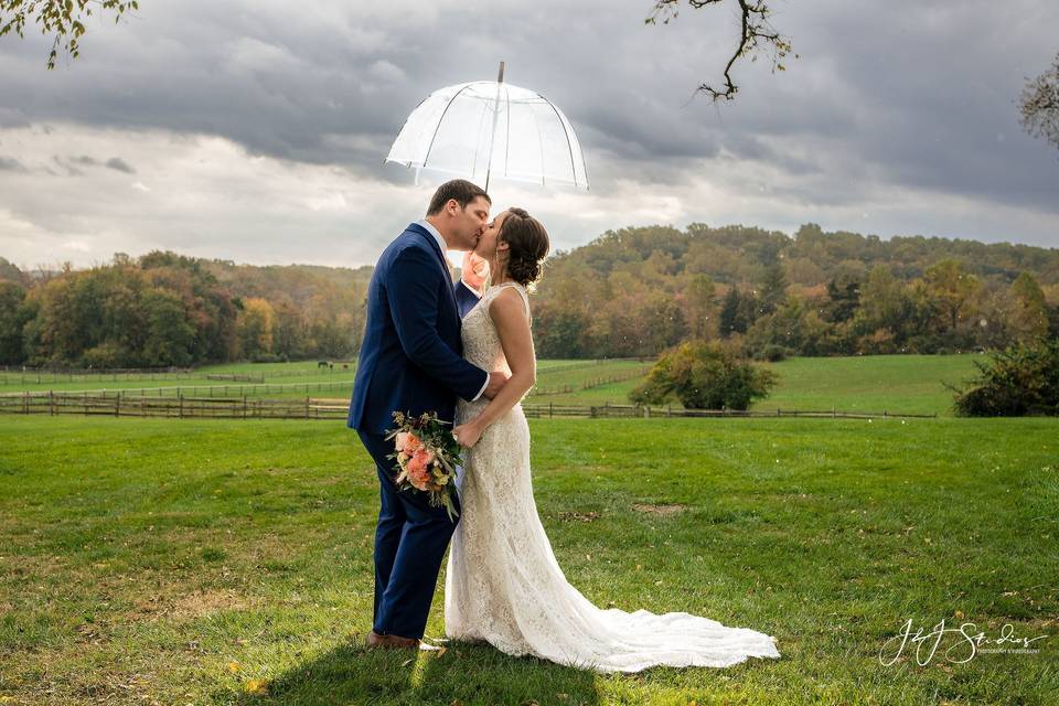 Couple kissing in the rain