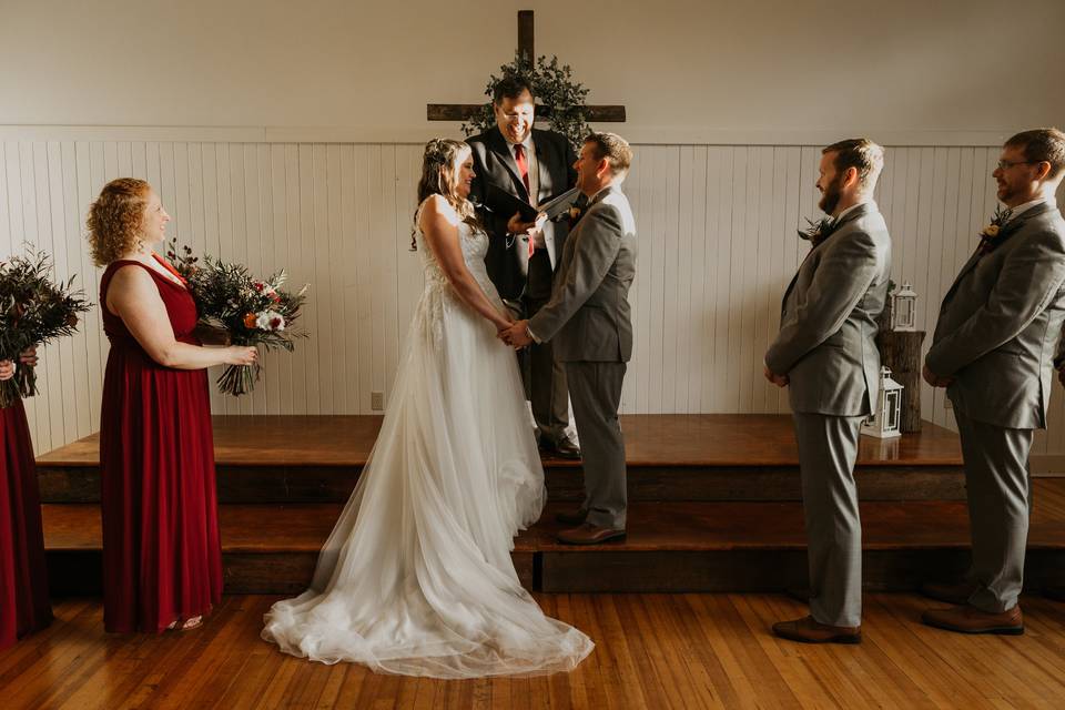 Bride and groom walking out